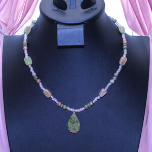 Unakite Jasper Necklace Stone of Vision Glass Bead Artisan Teardrop Pendant
